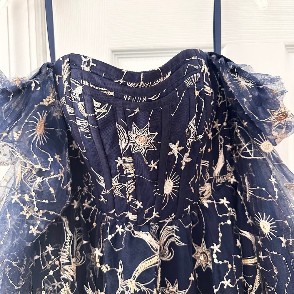 Jessakae Stella Orion Blue Gold Celestial Star Constellation Midi Dress 2 - Picture 5 of 13
